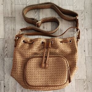 Tan Woven Leather Shoulder Bag with Metal Accents